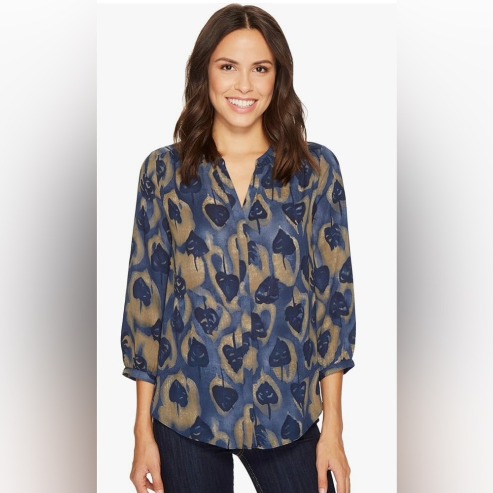 NYDJ Women’s Black/Blue Pintuck 3/4 Sleeve Leaf Print Blouse Size XS